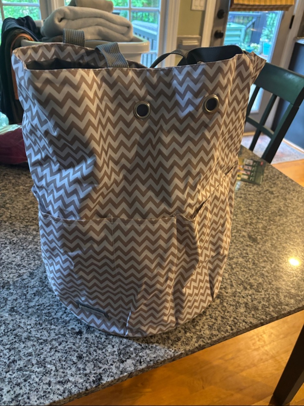 Chevron Canvas Yarn/Craft Tote Bag in Beige and White
